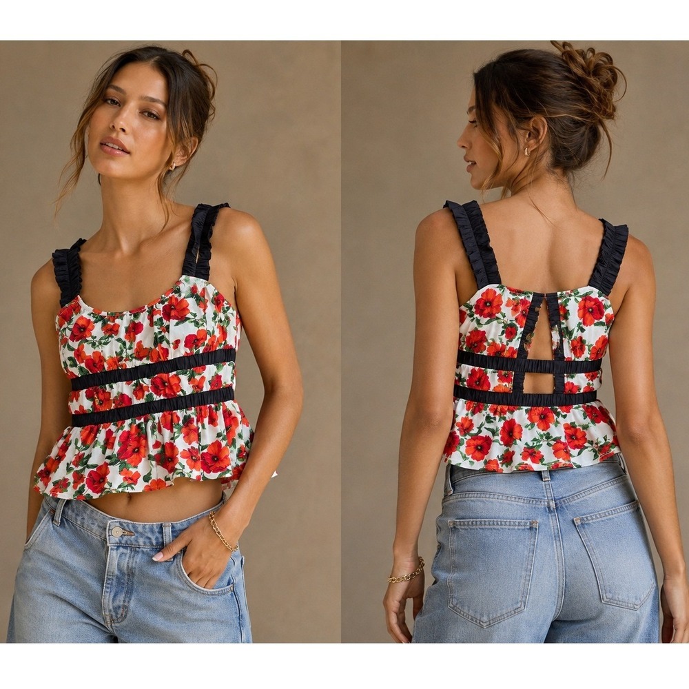 Maeve Anthropologie Floral Peplum Top Women XL Red Poppy Open Back Cami Boho